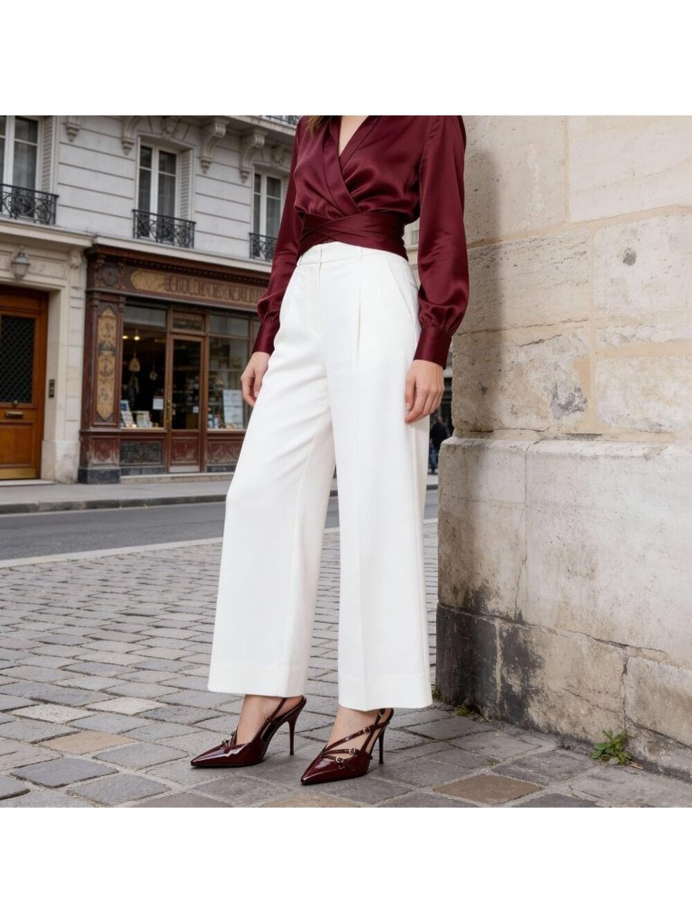 Women Burgundy Slingback Kitten Pointed Toe Pump High Stiletto Heel Shoes - Picture 3 of 6